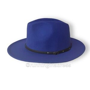 Blue Felt Fedora Teardrop Hat With Black Band One Size With Adjustable Ribbon